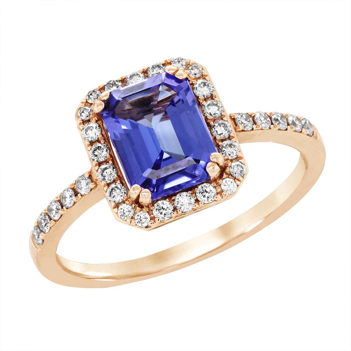 ROSE GOLD EMERALD CUT TANZANITE RING WITH DIAMONDS, .27 CT TW