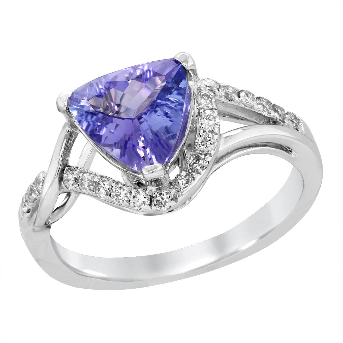 WHITE GOLD TRILLION CUT TANZANITE RING WITH DIAMONDS, .19 CT TW
