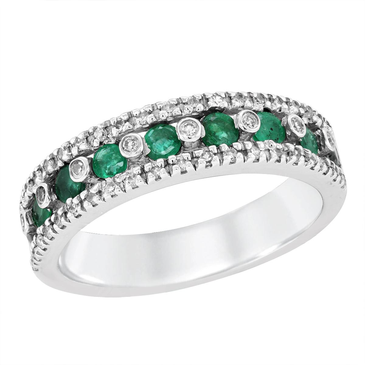 WHITE GOLD ALTERNATING EMERALD AND DIAMOND RING, .24 CT TW
