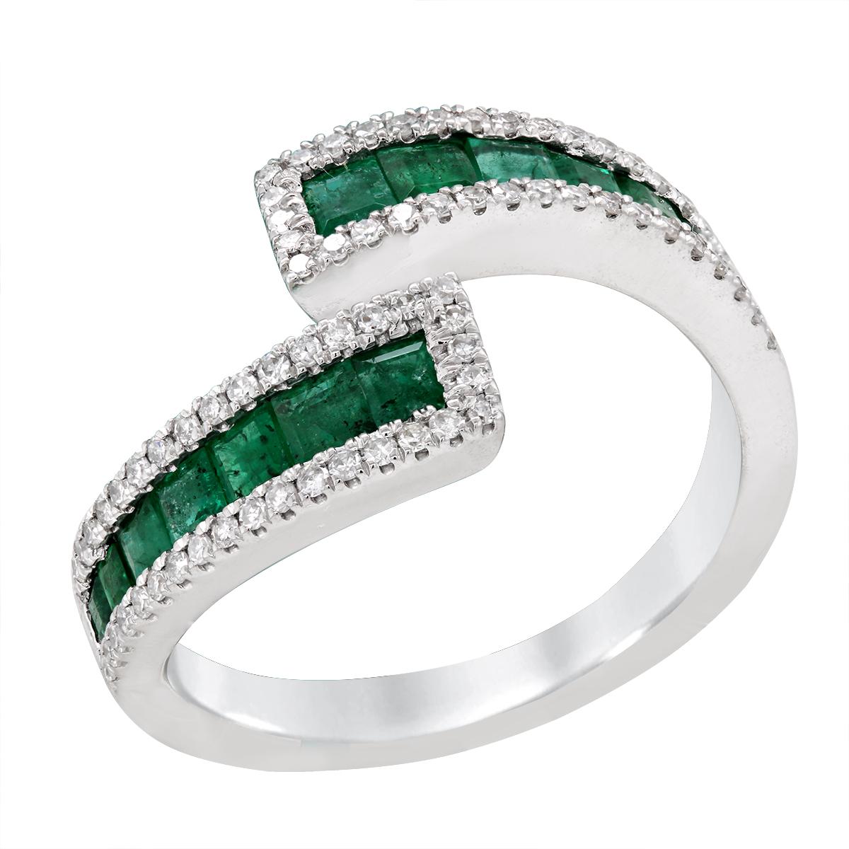 WHITE GOLD BYPASS STYLE EMERALD AND DIAMOND RING, .28 CT TW