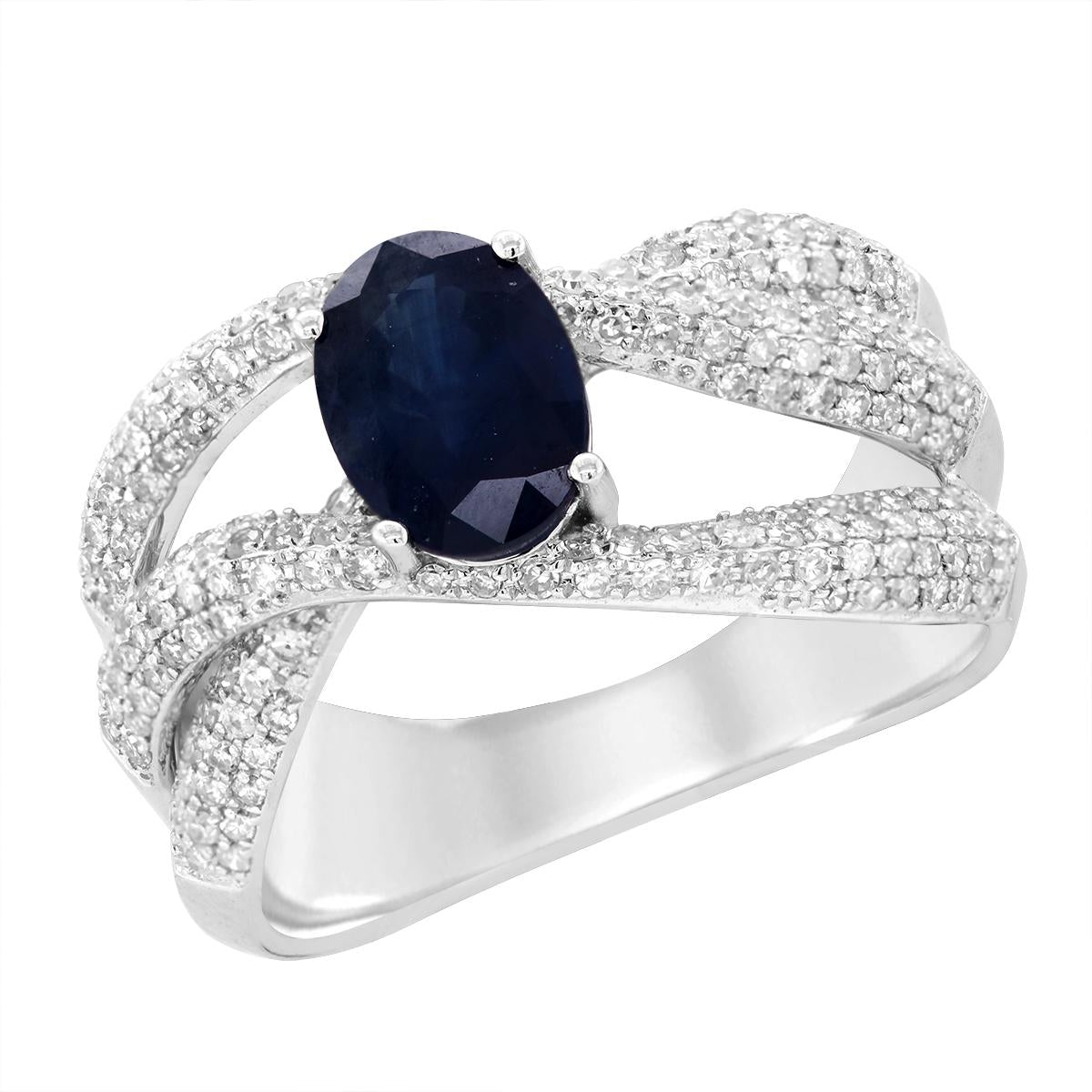 WHITE GOLD OVAL SAPPHIRE AND DIAMOND PAVE RING, .71 CT TW