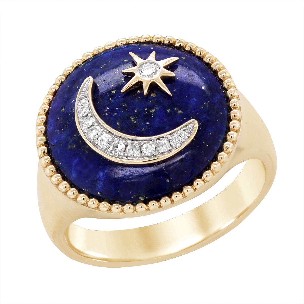 GOLD MOON AND STAR RING WITH LAPIS AND DIAMOND, .08 CT TW