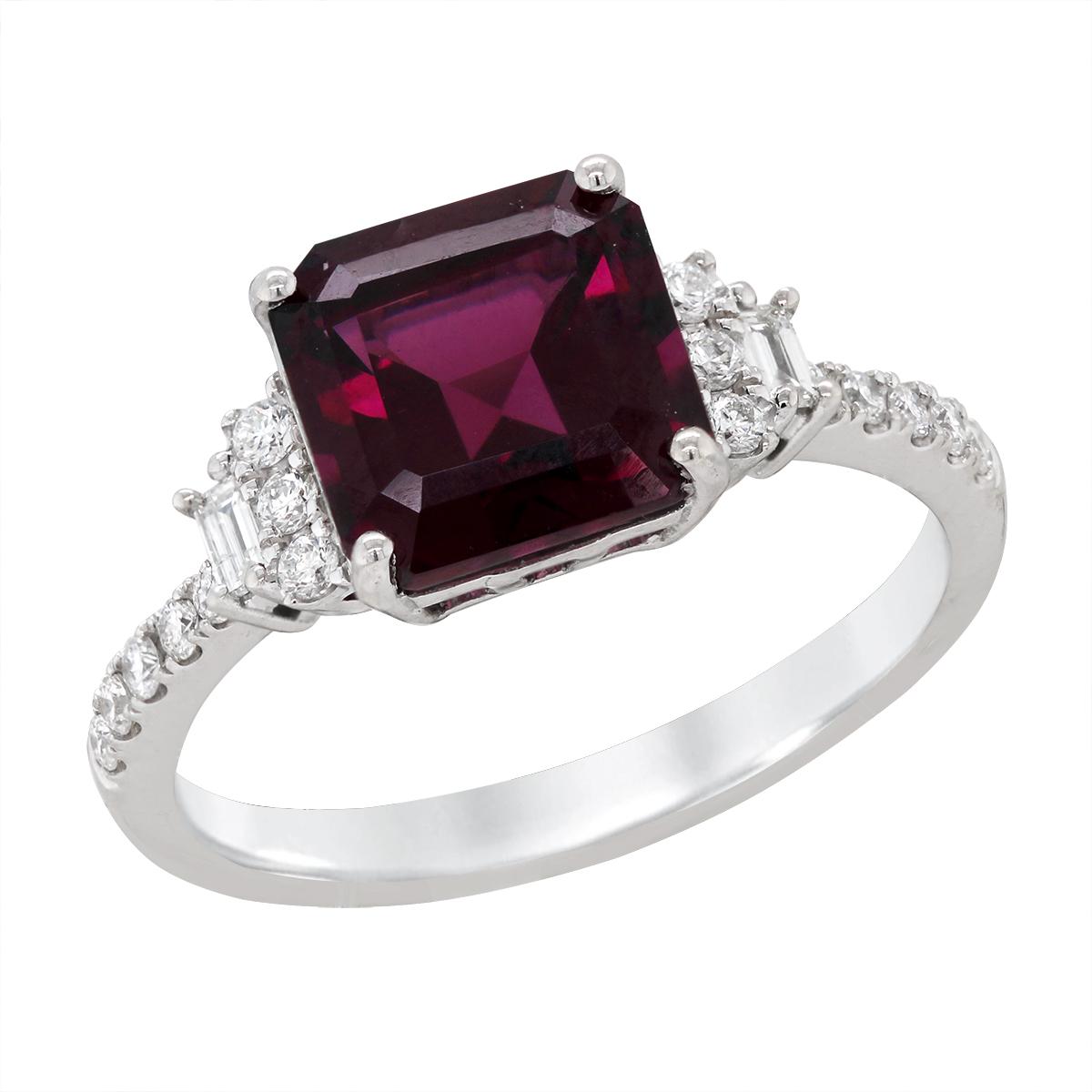 WHITE GOLD SQUARE RHODOLITE GARNET AND DIAMOND RING, .23 CT TW