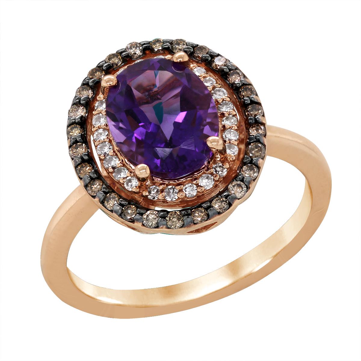 ROSE GOLD OVAL AMETHYST RING WITH DOUBLE DIAMOND HALO, .32 CT TW