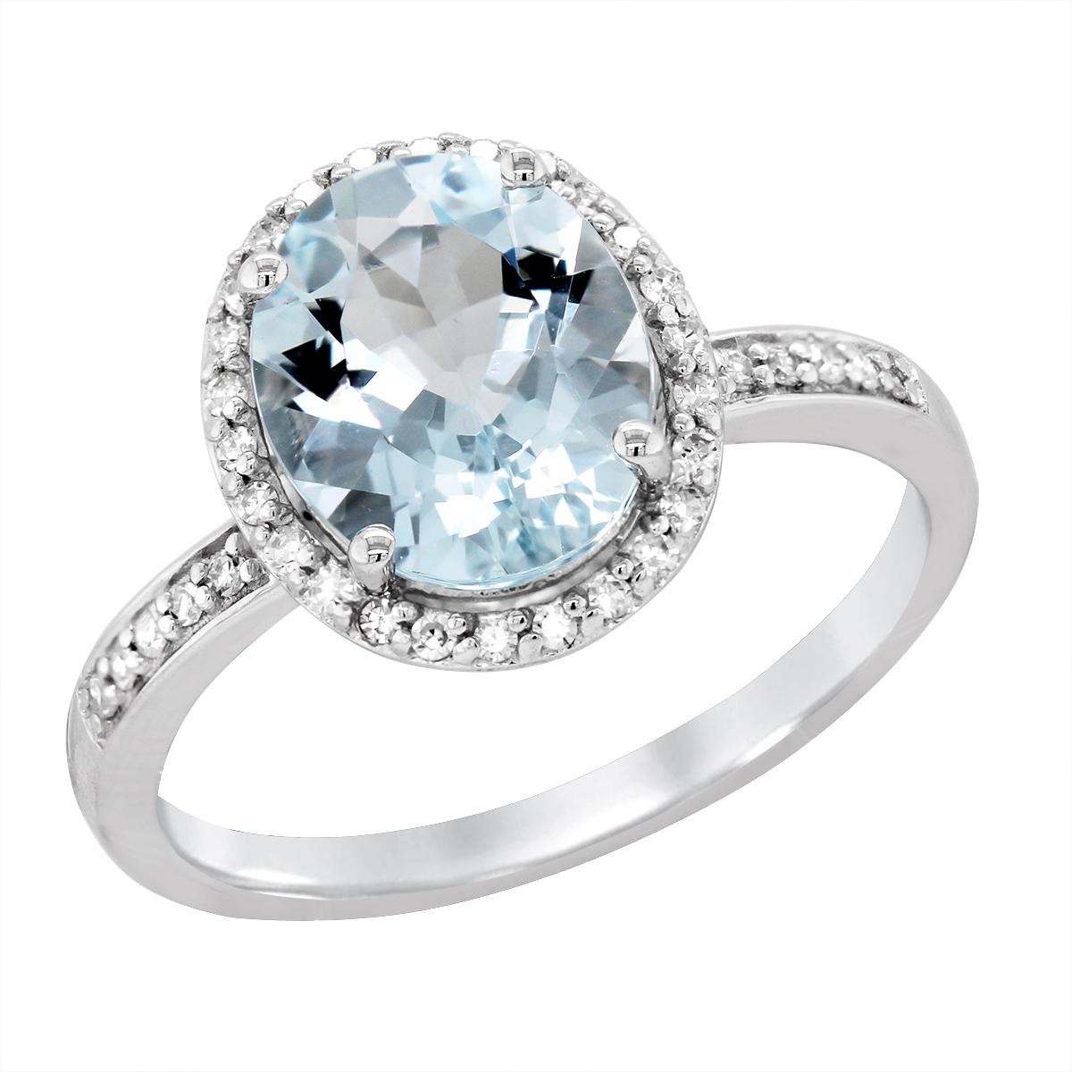 WHITE GOLD OVAL AQUAMARINE RING WITH DIAMOND HALO, .14 CT TW