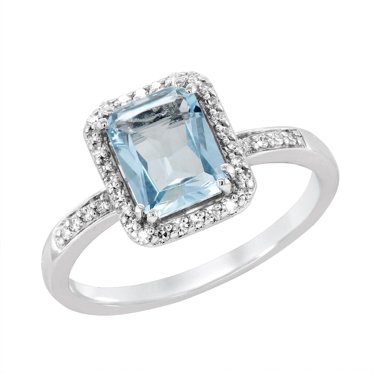 WHITE GOLD AQUAMARINE RING WITH SIDE DIAMONDS, .14 CT TW