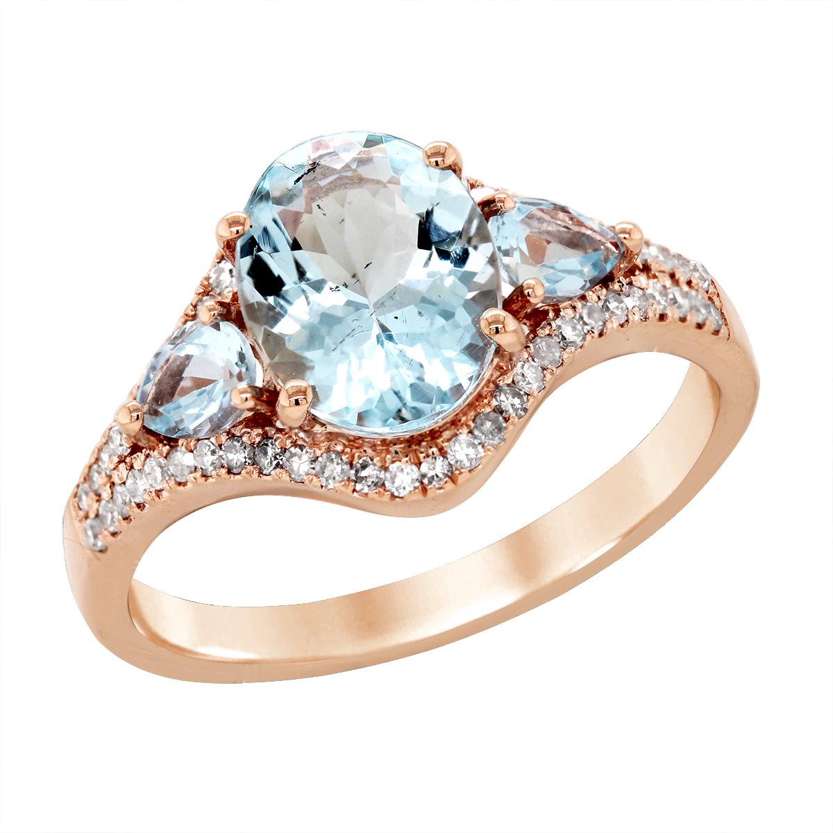ROSE GOLD AQUAMARINE RING WITH ROWS OF DIAMONDS, .22 CT TW