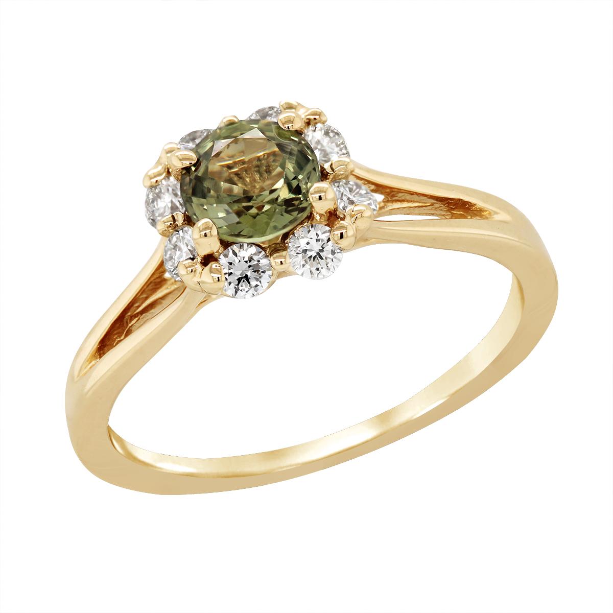 YELLOW GOLD GREEN SAPPHIRE AND DIAMOND RING, .32 CT TW