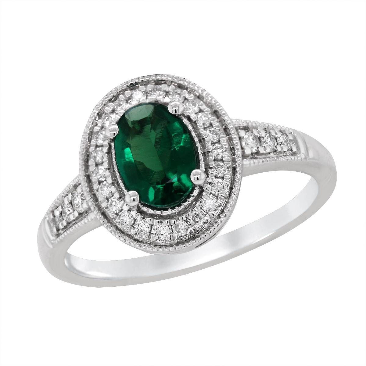 WHITE GOLD OVAL LAB GROWN EMERALD DIAMOND HALO RING, 1/4 CT TW