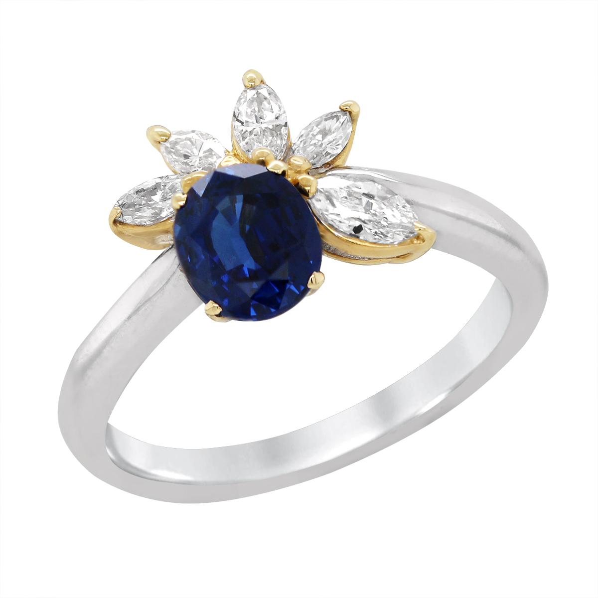 PLATINUM AND GOLD OVAL SAPPHIRE RING WITH MARQUISE DIAMONDS, .39 CT TW
