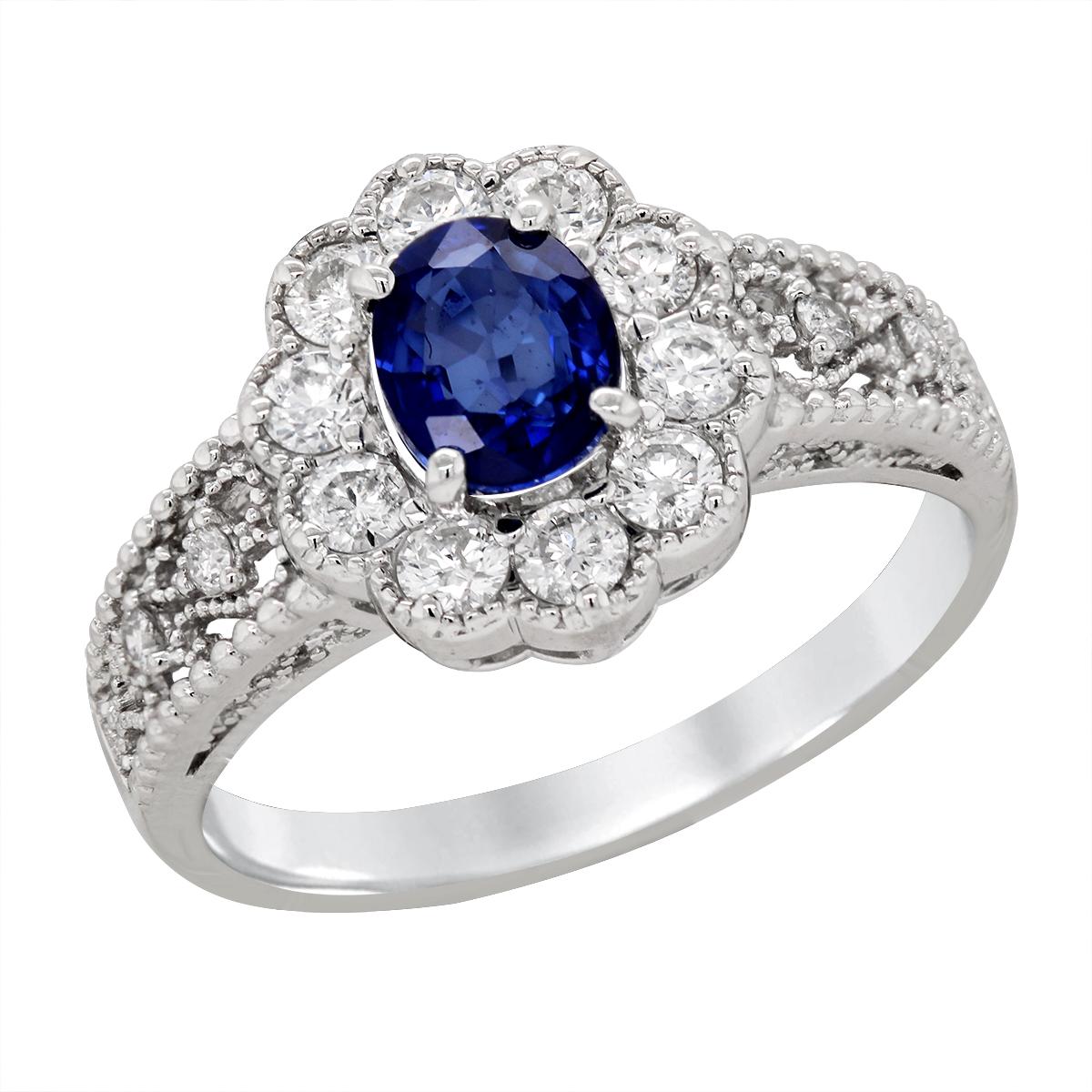 PLATINUM OVAL SAPPHIRE RING WITH SIDE DIAMONDS, .48 CT TW