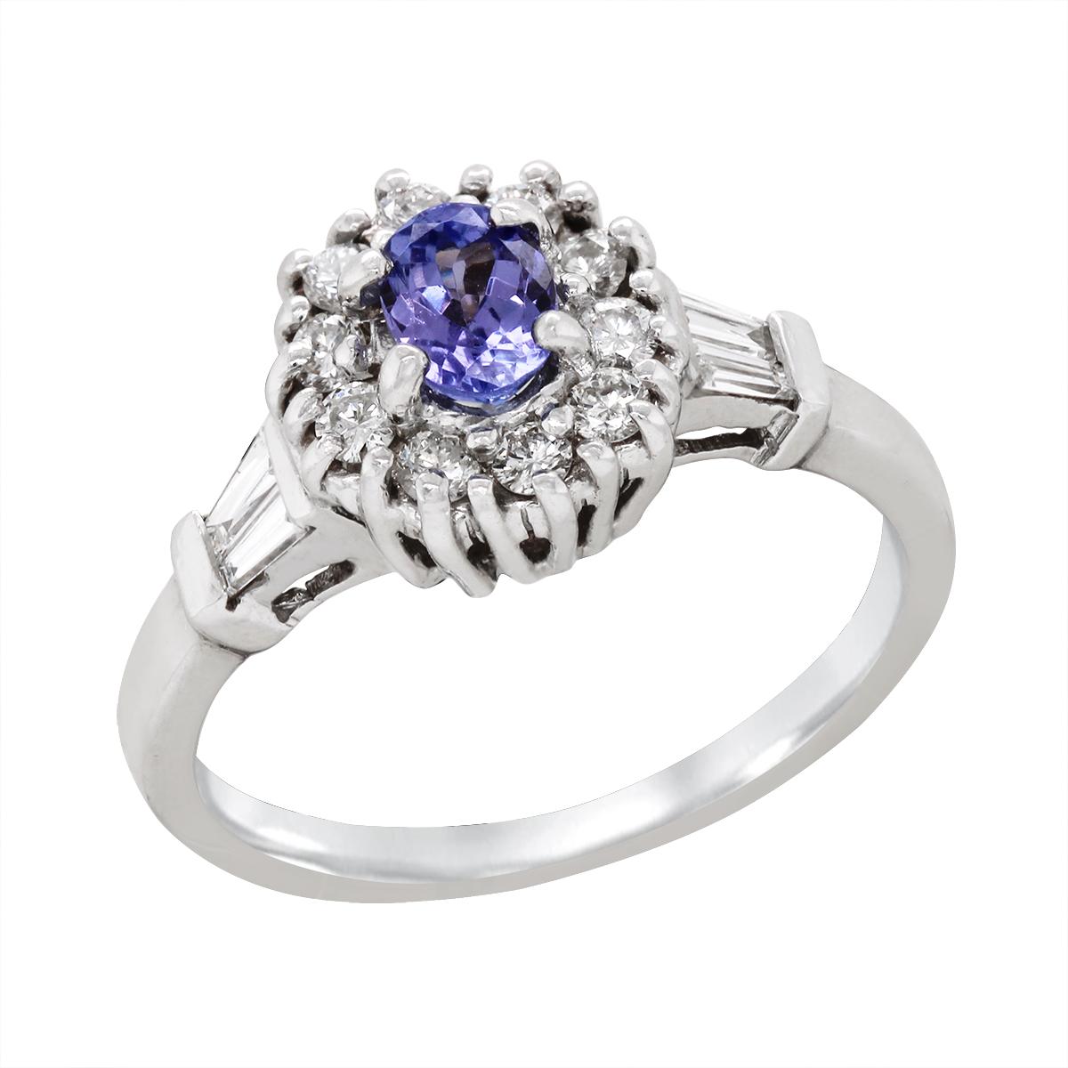 WHITE GOLD OVAL TANZANITE RING WITH SIDE DIAMONDS, 1/3 CT TW