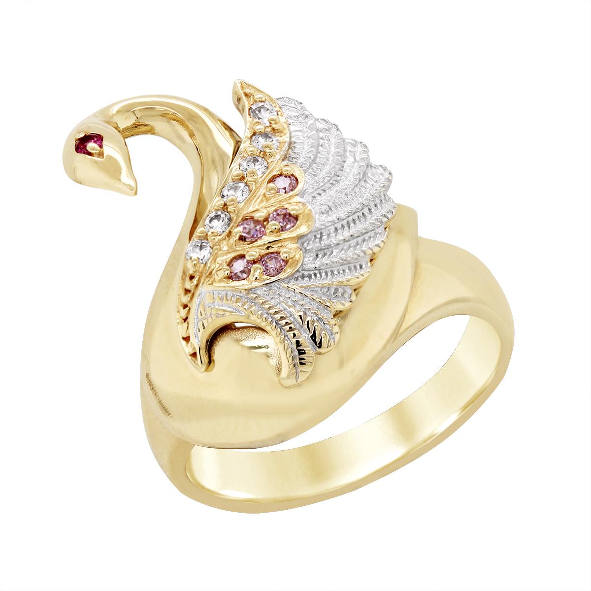 YELLOW GOLD PINK AND WHITE GEMSTONE SWAN RING