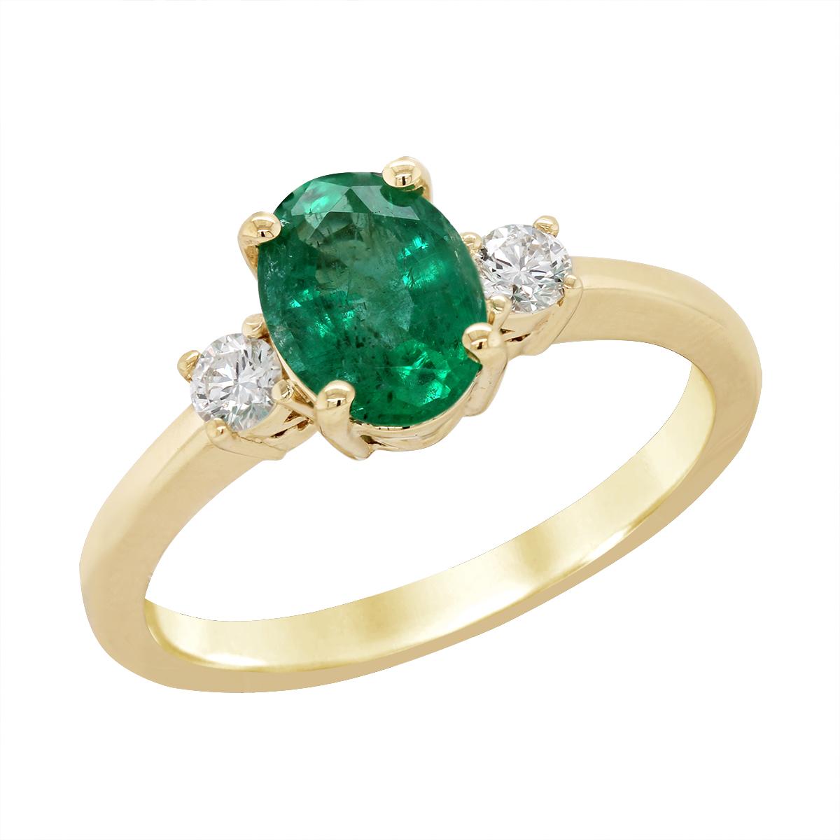YELLOW GOLD OVAL EMERALD AND DIAMOND RING, .16 CT TW
