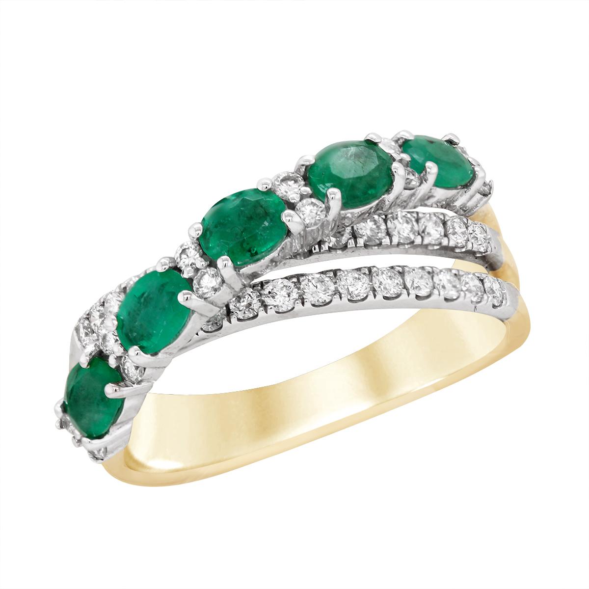 TWO-TONE GOLD EMERALD AND DIAMOND CROSSOVER RING, .49 CT TW