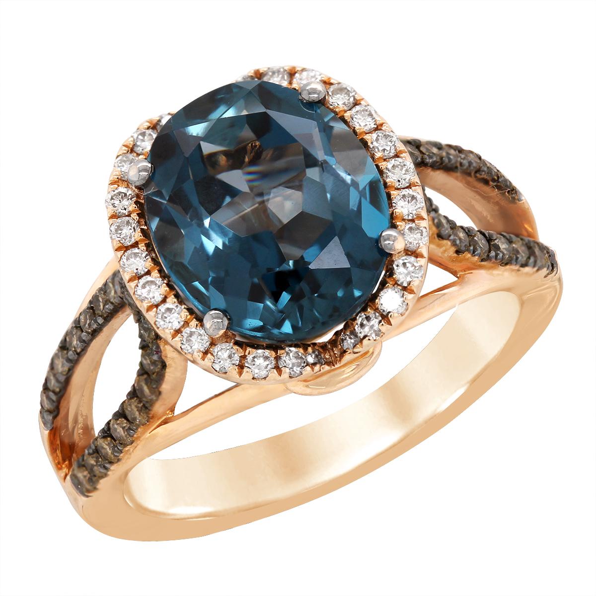 ROSE GOLD BLUE TOPAZ AND BROWN AND WHITE DIAMOND RING, 1/2 CT TW