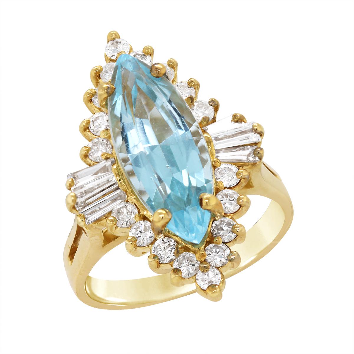 YELLOW GOLD MARQUISE BLUE TOPAZ RING WITH DIAMONDS, 9/10 CT TW