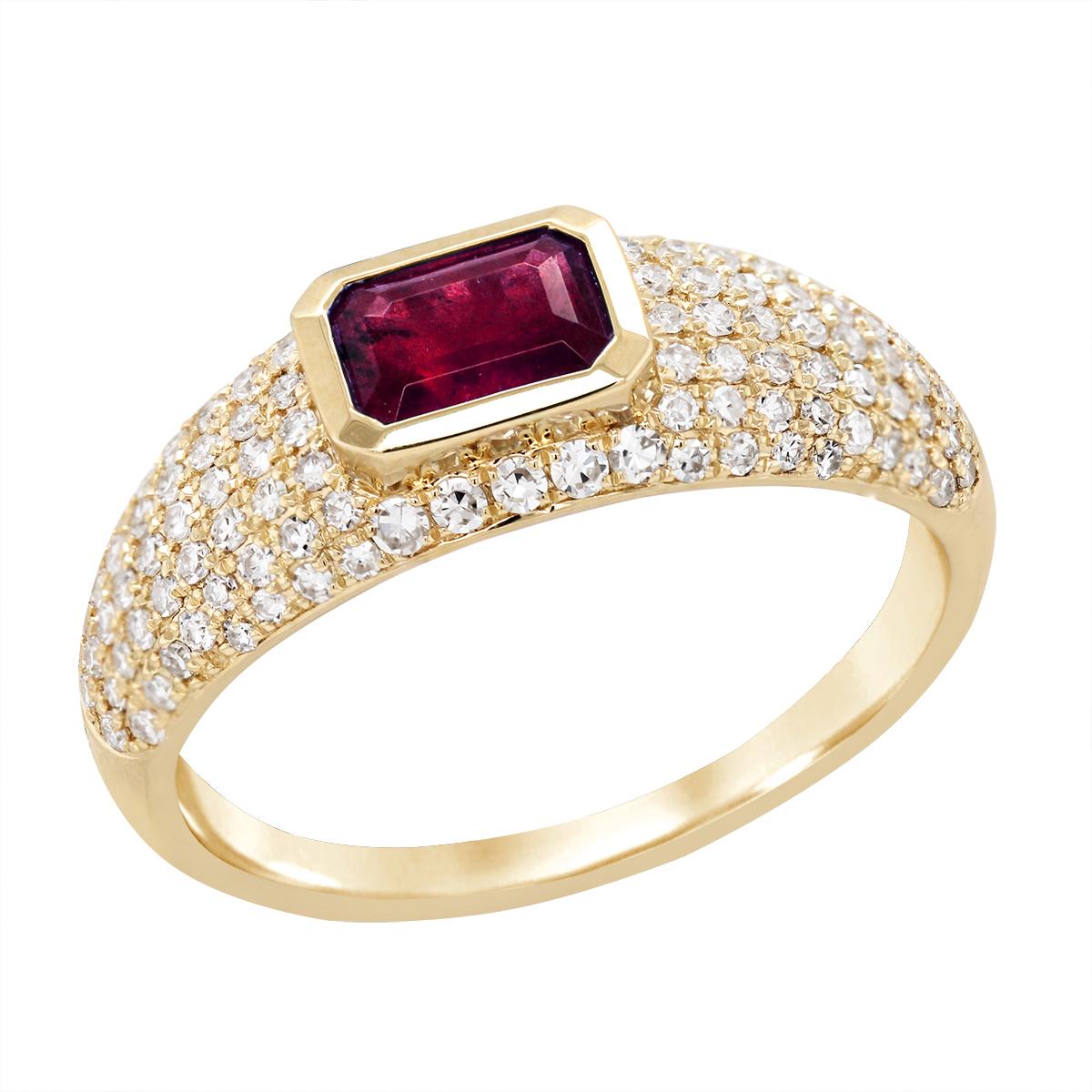 YELLOW GOLD EMERALD CUT RUBY RING WITH DIAMOND PAVE, .45 CT TW