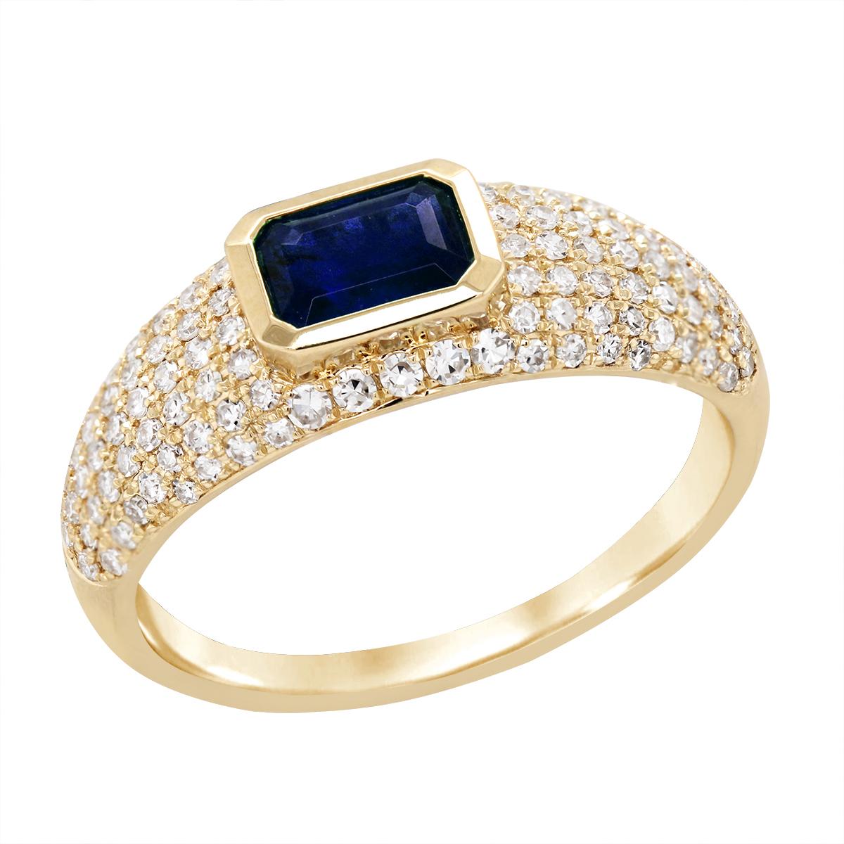 YELLOW GOLD EMERALD CUT SAPPHIRE AND DIAMOND PAVE RING, .45 CT TW