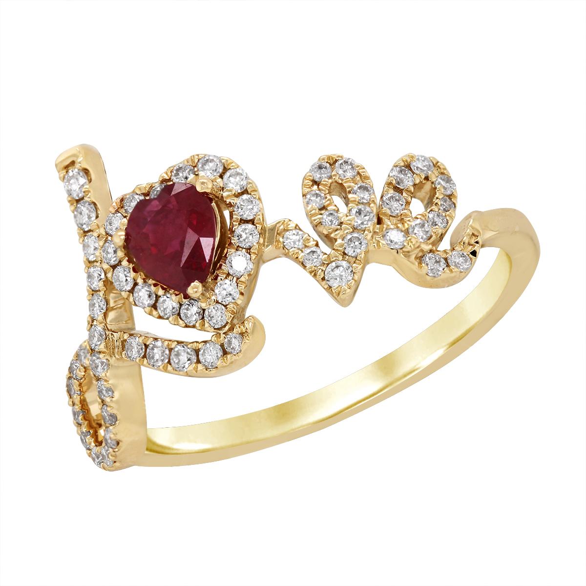 YELLOW GOLD LOVE RING WITH A RUBY AND DIAMONDS, .26 CT TW