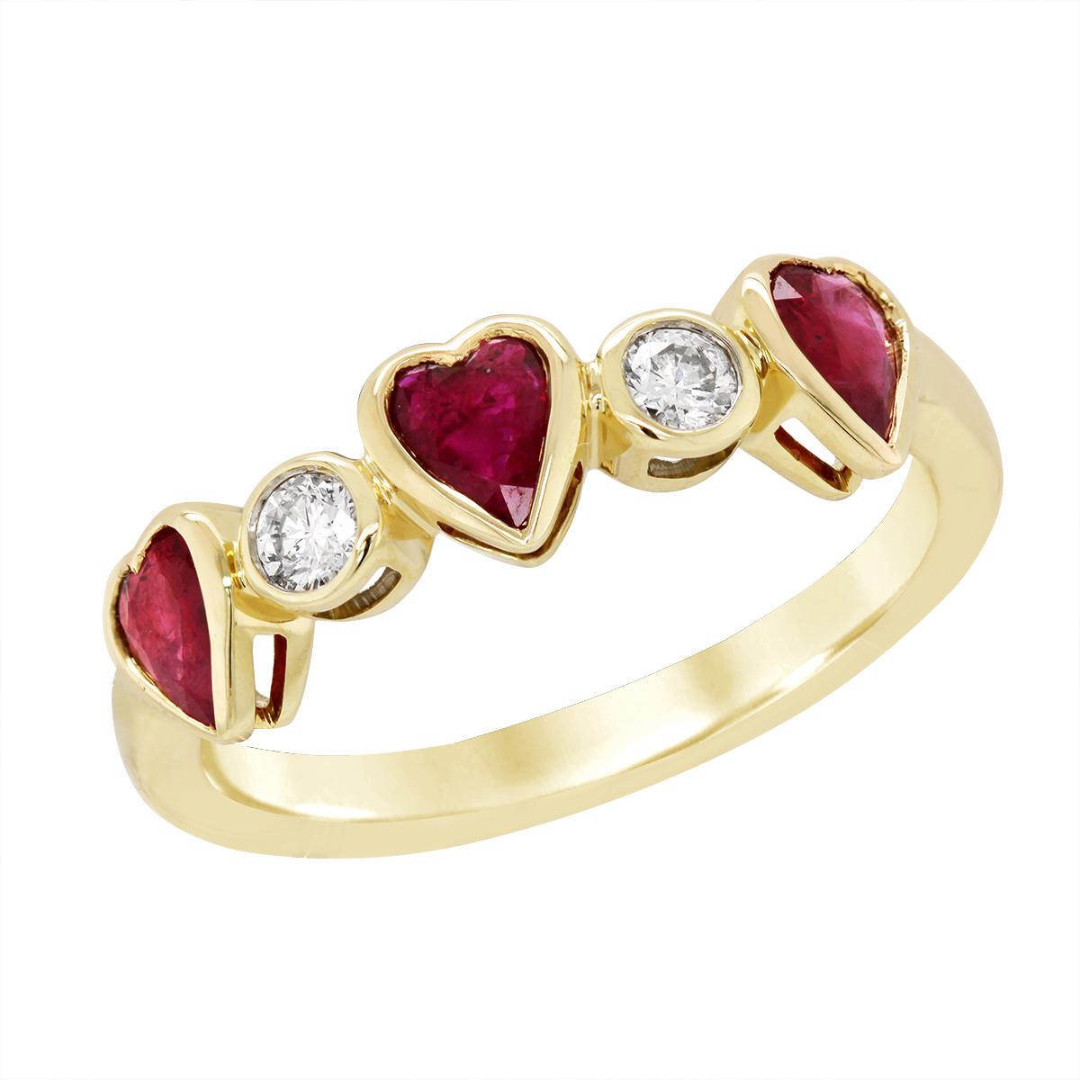 YELLOW GOLD HEART SHAPED RUBY AND ROUND DIAMOND RING, .16 CT TW
