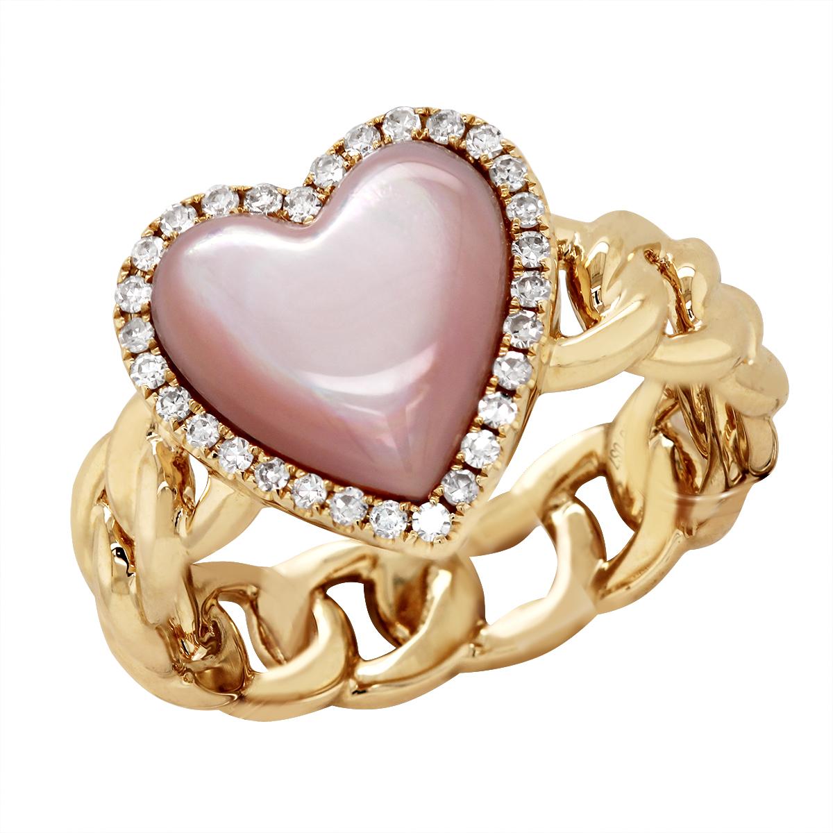 YELLOW GOLD MOTHER OF PEARL HEART RING WITH DIAMOND HALO, .30 CT TW