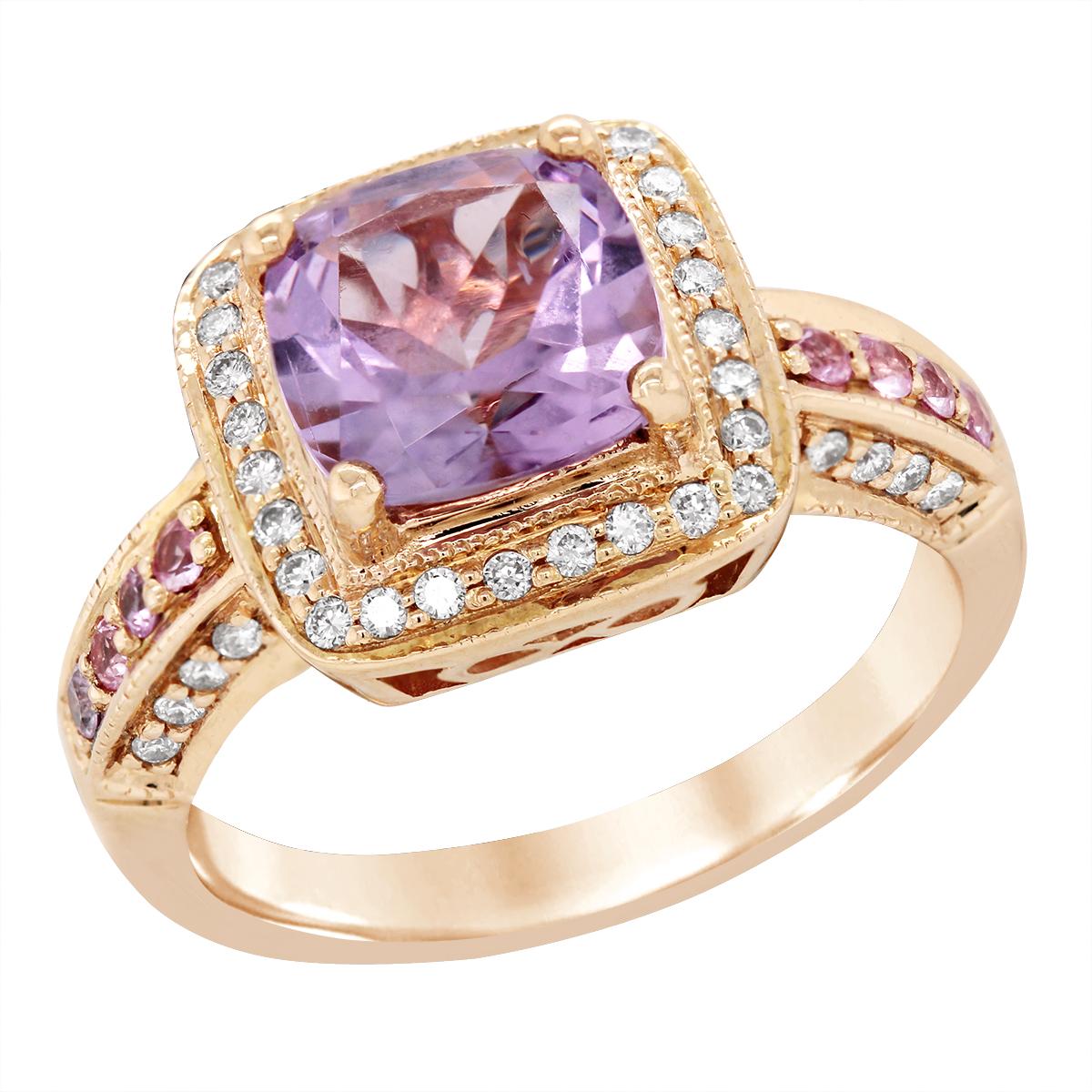 YELLOW GOLD AMETHYST AND PINK SAPPHIRE RING WITH DIAMONDS, 1/5 CT TW