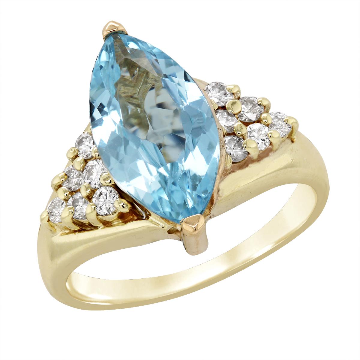 VINTAGE STYLE GOLD RING WITH MARQUISE BLUE TOPAZ AND DIAMONDS, 1/4 CT TW