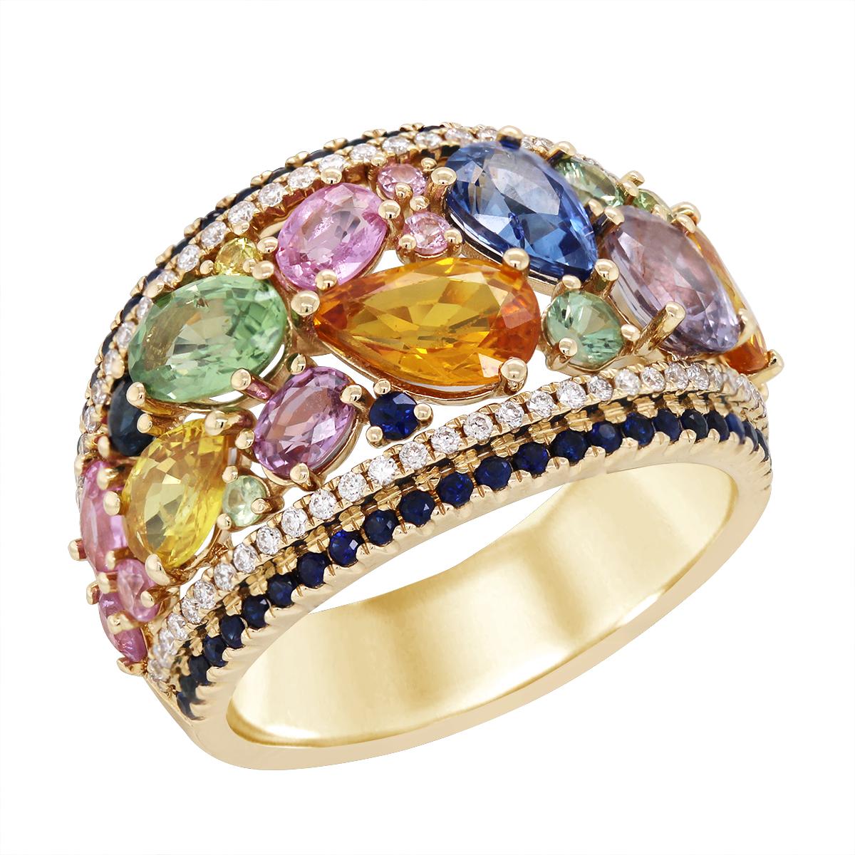 WIDE GOLD MULTICOLORED GEMSTONE RING WITH SIDE DIAMONDS, .24 CT TW