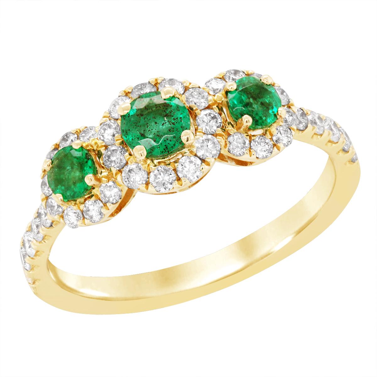 YELLOW GOLD TRIPLE EMERALD RING WITH DIAMONDS, .47 CT TW