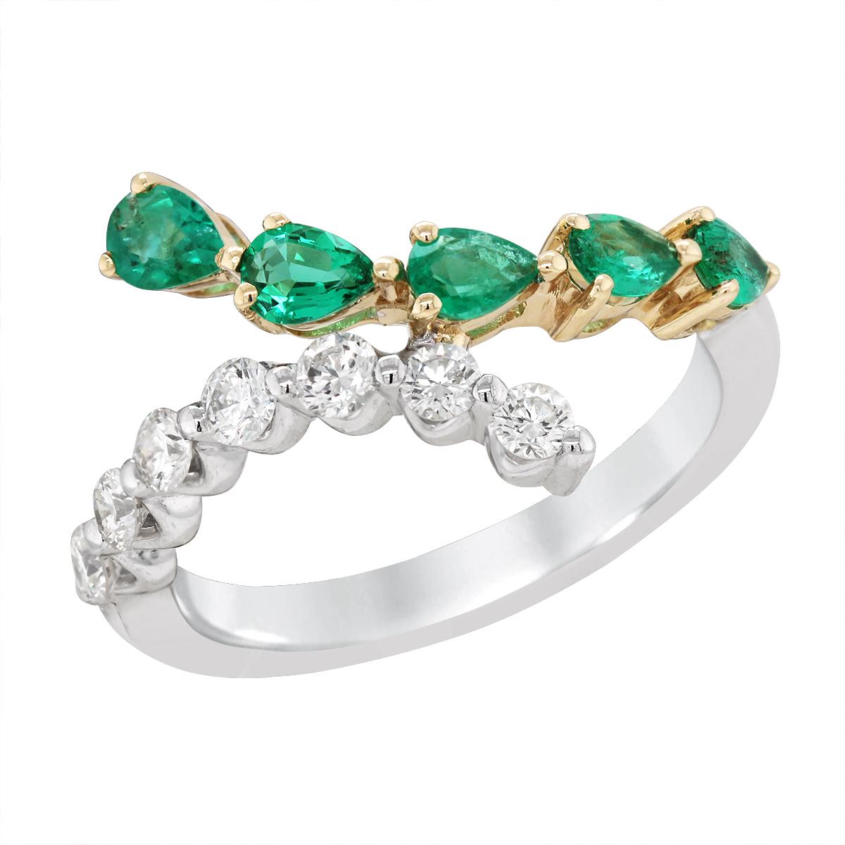 GOLD AND PLATINUM EMERALD AND DIAMOND BYPASS RING, .41 CT TW