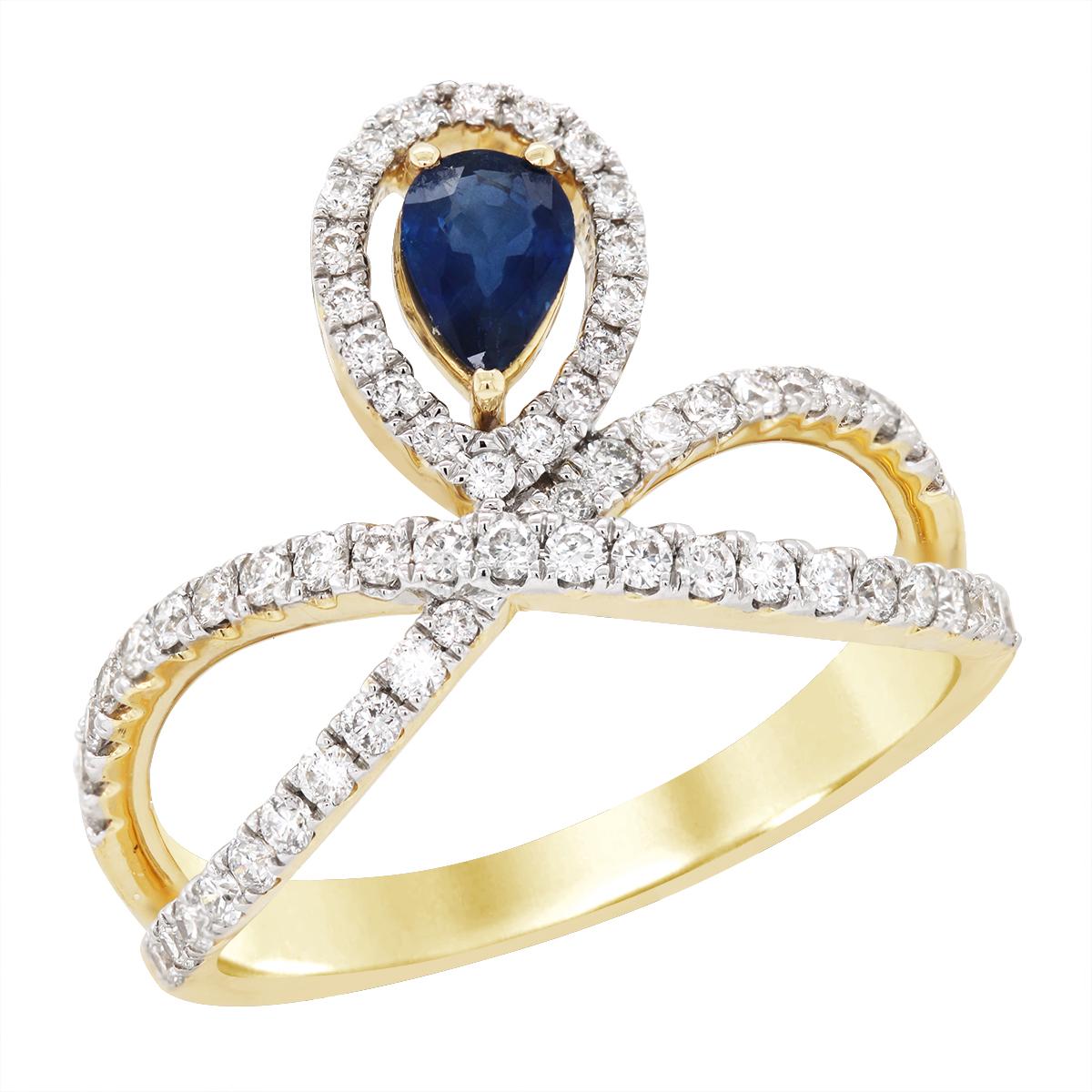YELLOW GOLD PEAR SAPPHIRE RING WITH DIAMONDS, .58 CT TW