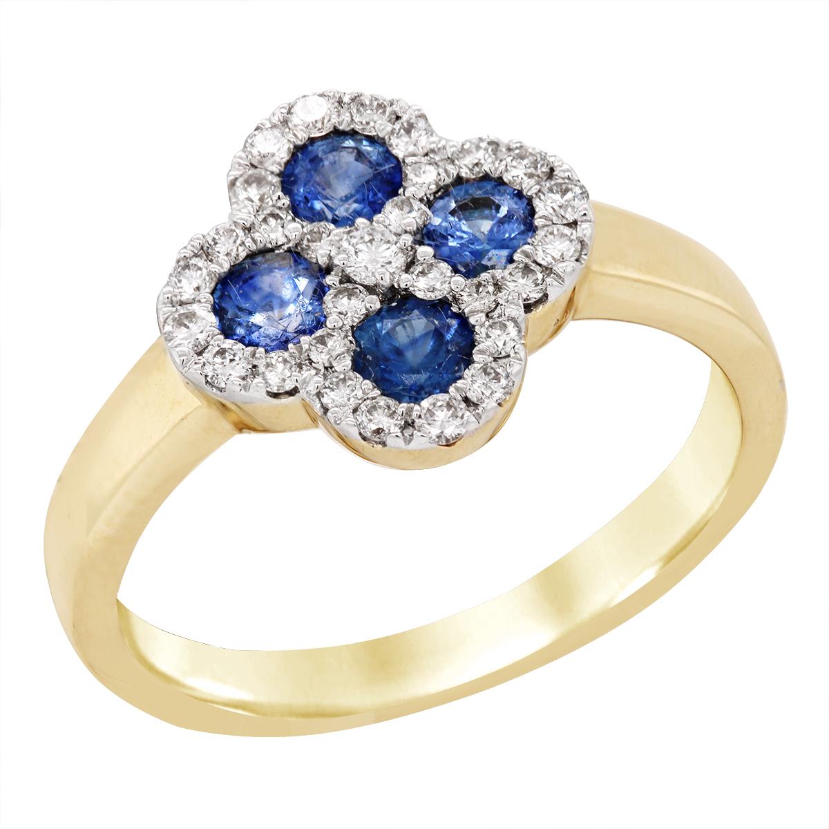YELLOW GOLD SAPPHIRE CLOVER RING WITH DIAMONDS, .29 CT TW