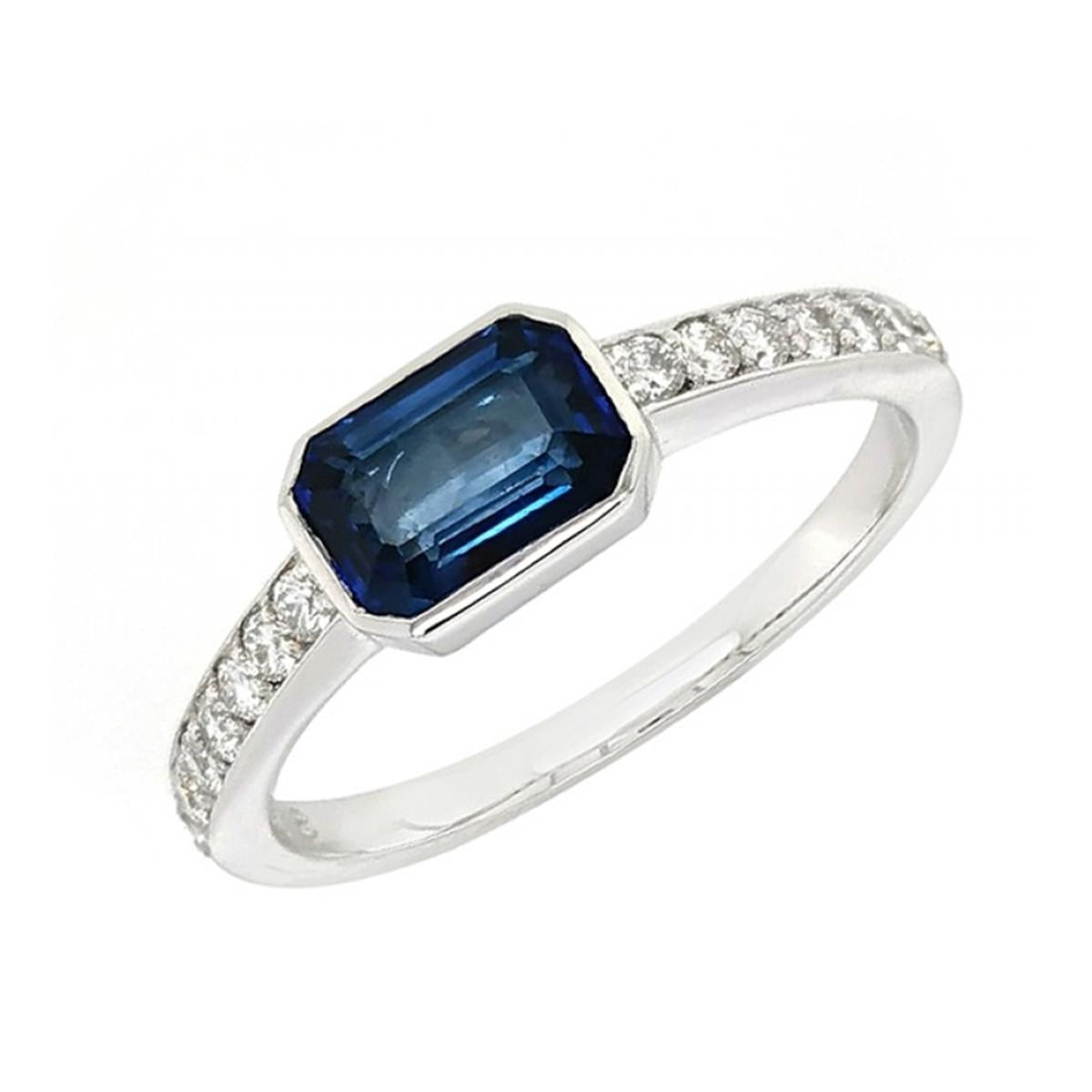 WHITE GOLD EMERALD CUT SAPPHIRE RING WITH DIAMONDS, .24 CT TW