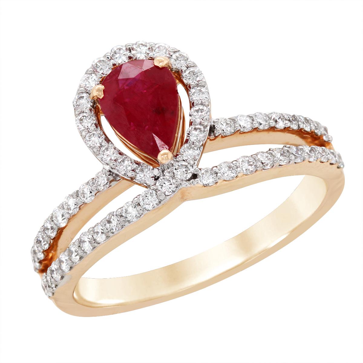 ROSE GOLD PEAR SHAPED RUBY RING WITH SIDE DIAMONDS, .46 CT TW
