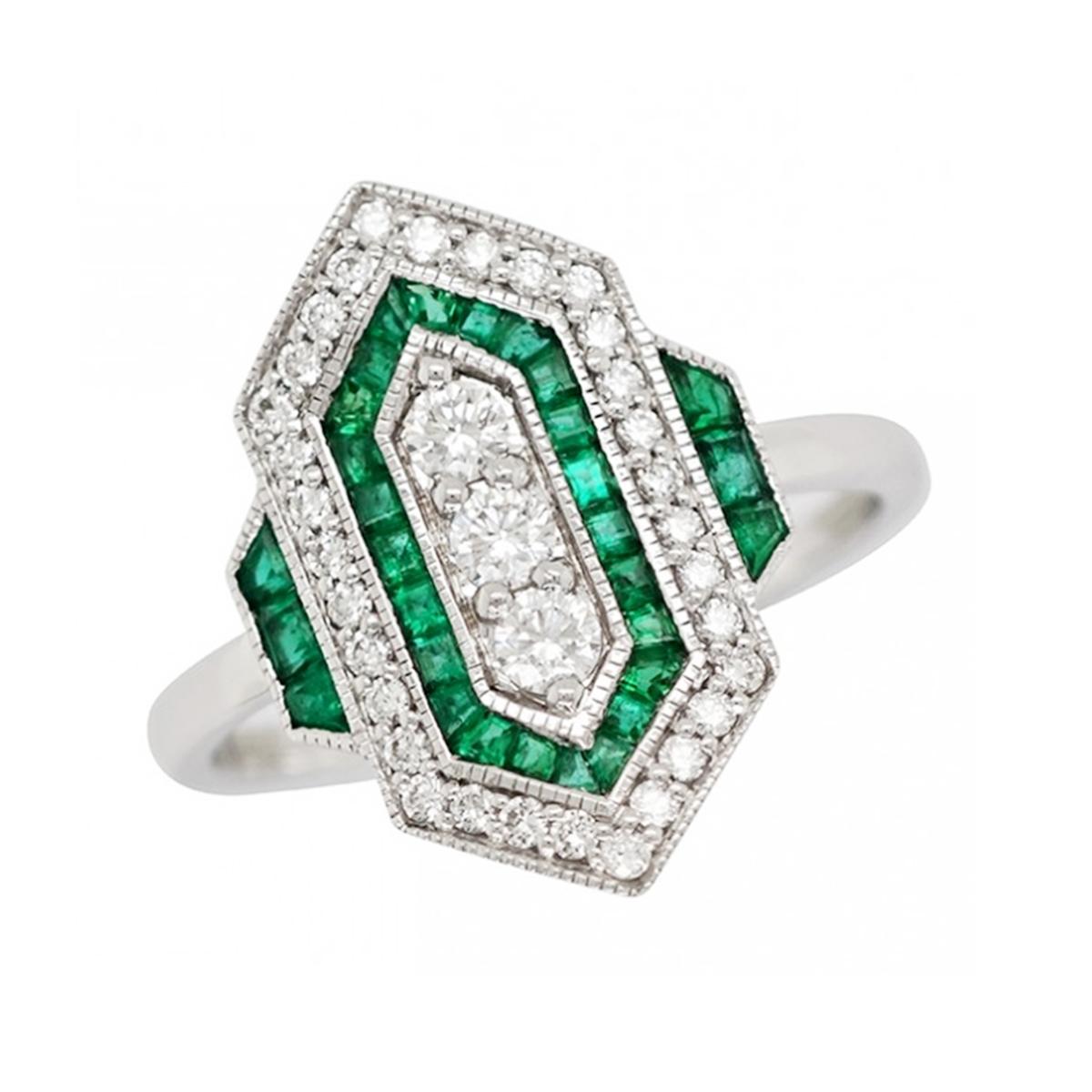 WHITE GOLD EMERALD AND DIAMOND STATEMENT RING, .32 CT TW