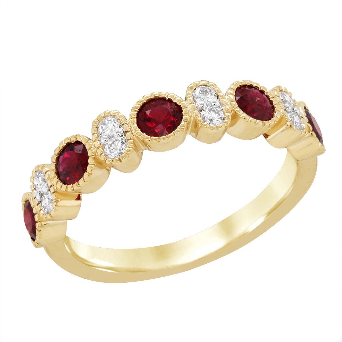 YELLOW GOLD RUBY AND DIAMOND RING WITH MILGRAIN, .17 CT TW