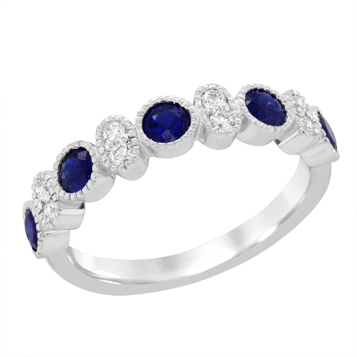 WHITE GOLD SAPPHIRE AND DIAMOND RING WITH MILGRAIN, .17 CT TW