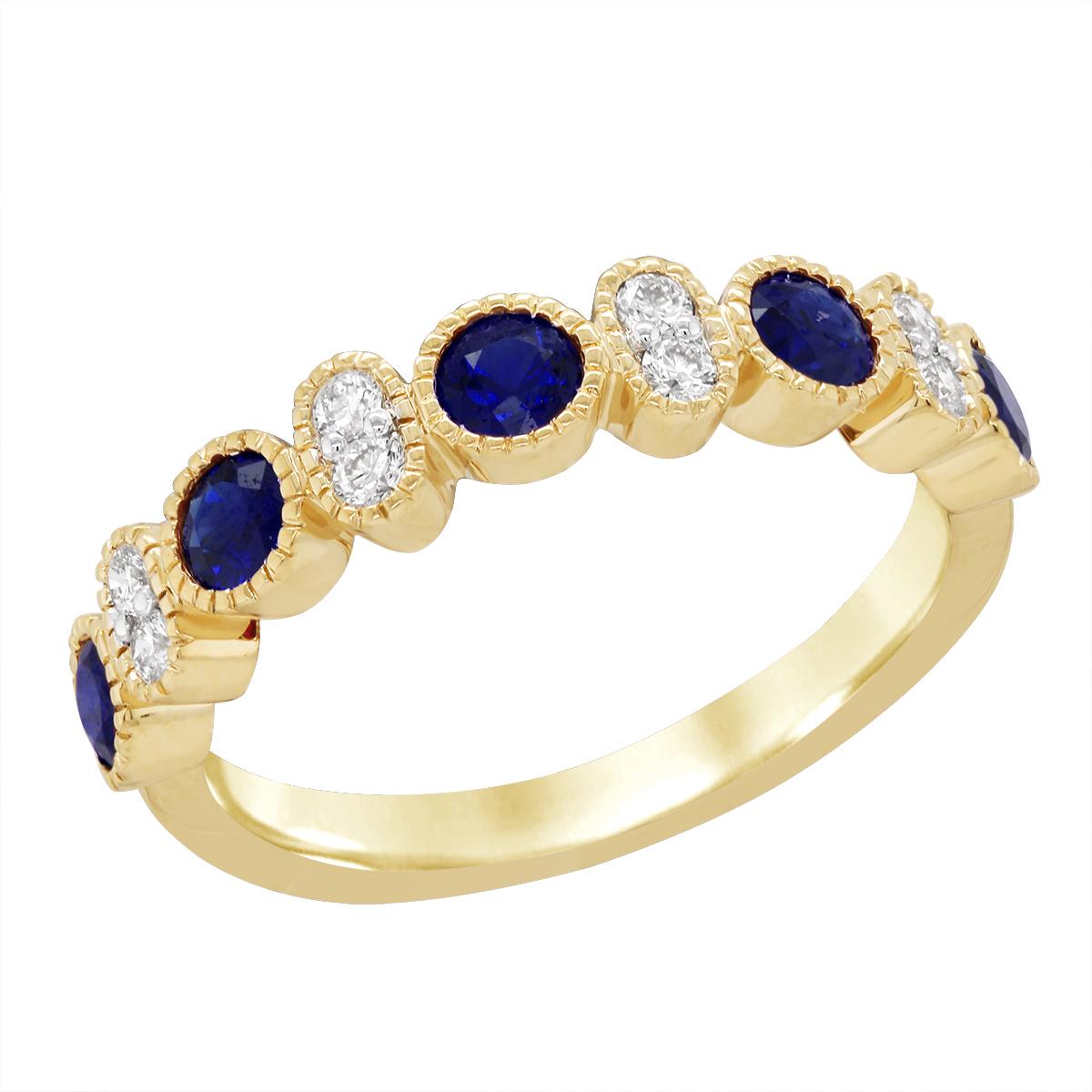 YELLOW GOLD SAPPHIRE AND DIAMOND RING WITH MILGRAIN, .17 CT TW