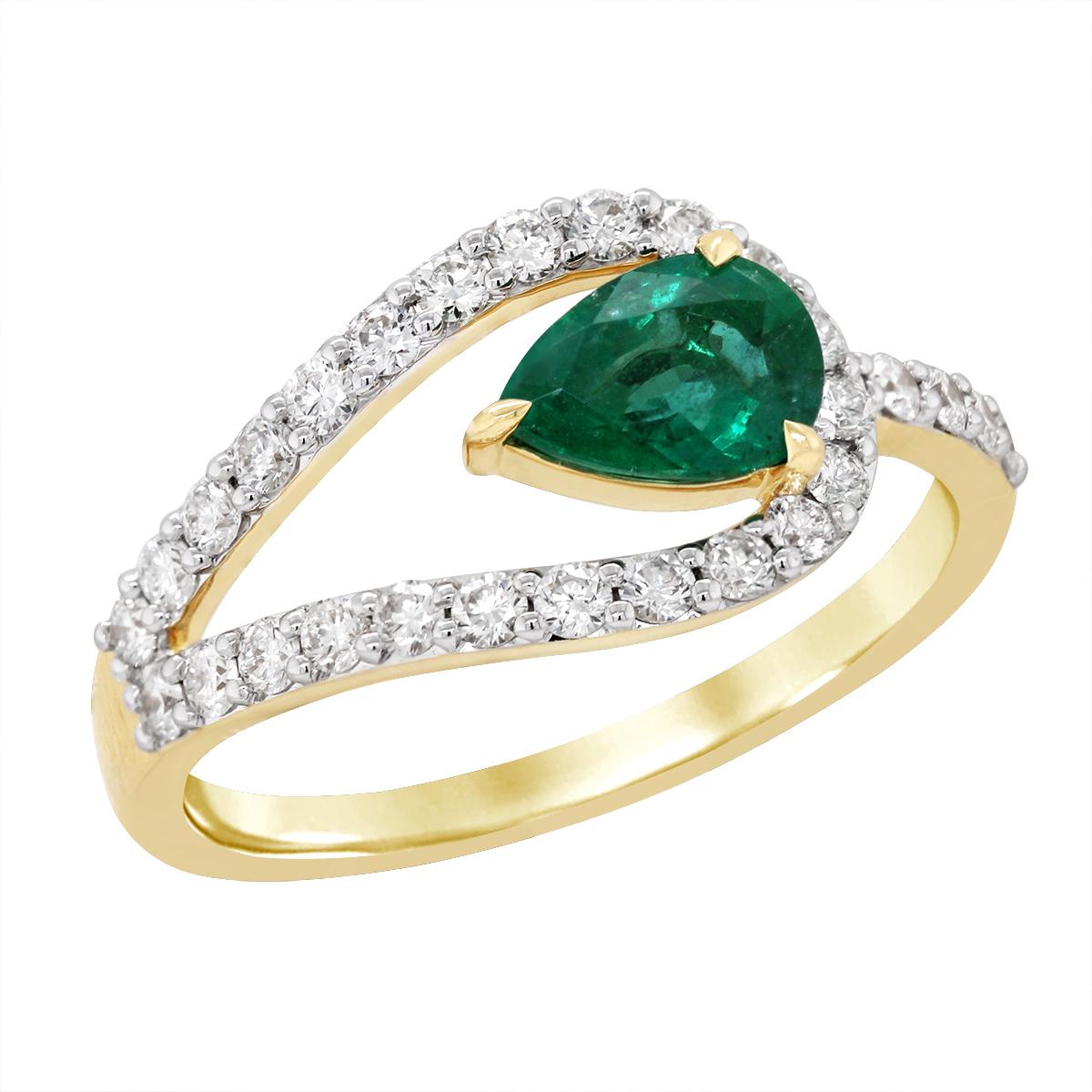 TWO-TONE GOLD SPLIT SHANK RING WITH PEAR EMERALD AND DIAMONDS, .47 CT TW