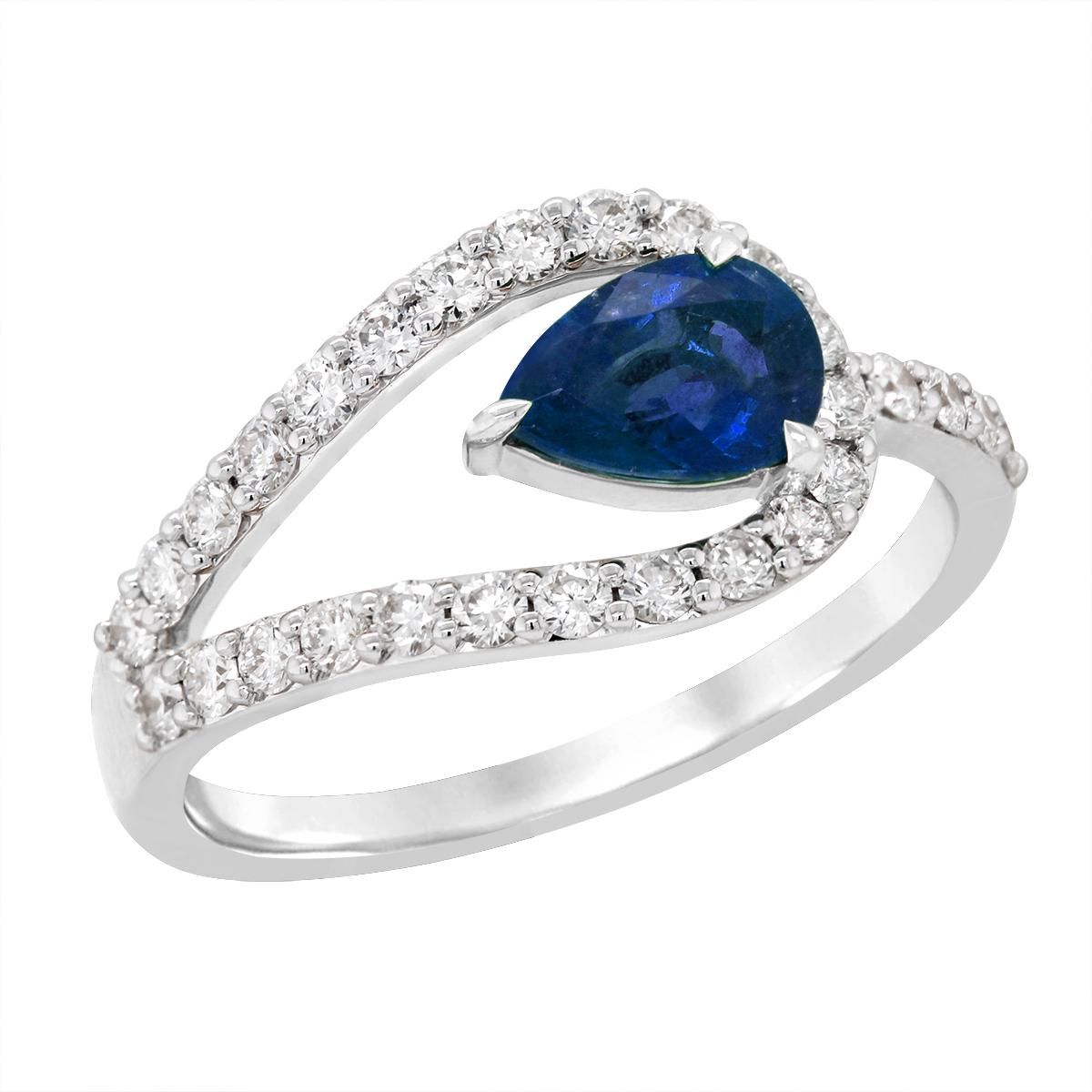 WHITE GOLD SPLIT SHANK PEAR SAPPHIRE AND DIAMOND RING, .47 CT TW