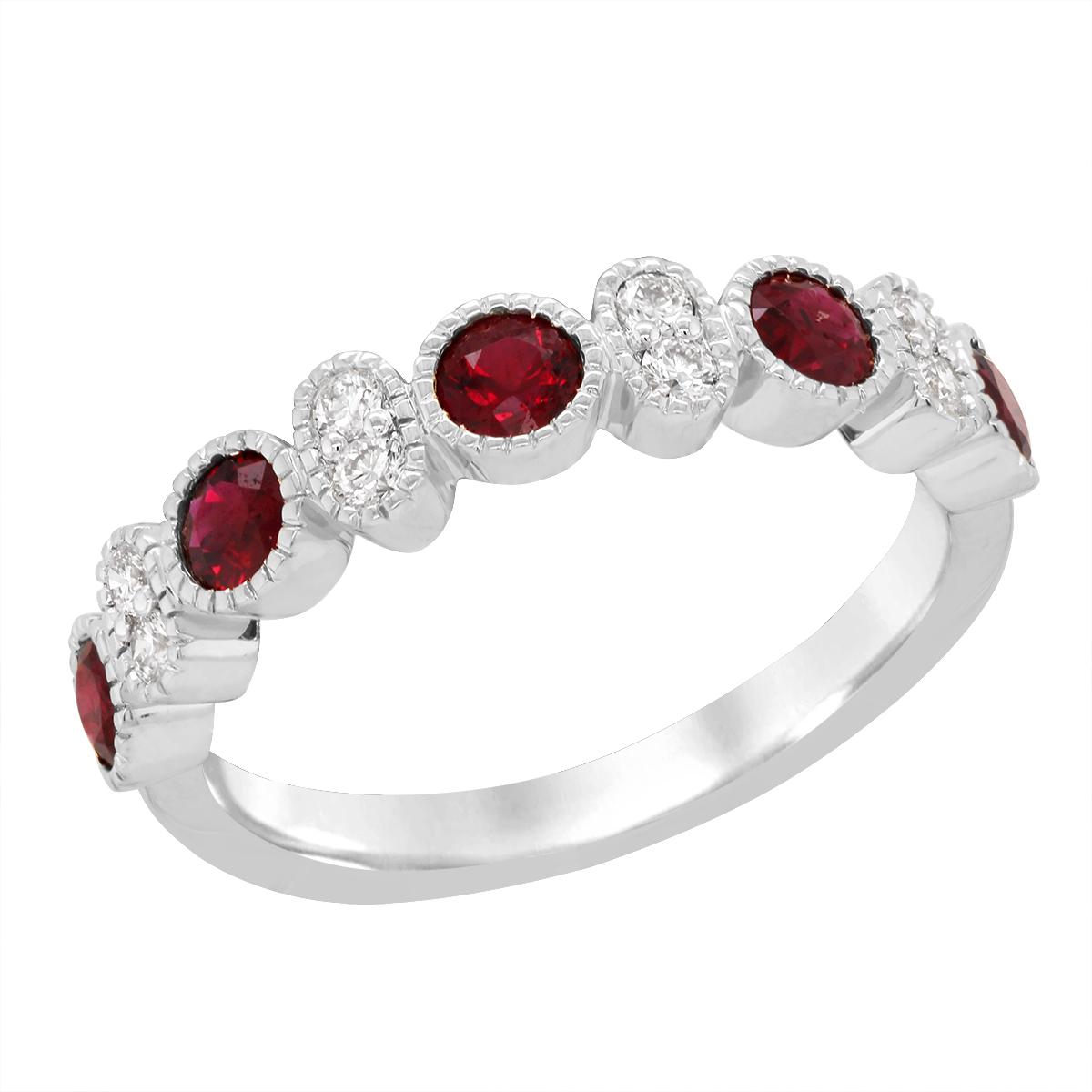WHITE GOLD RUBY RING WITH DIAMONDS AND MILGRAIN, .17 CT TW