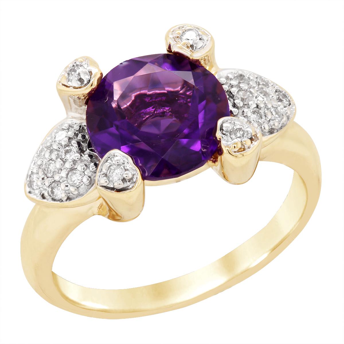 YELLOW GOLD AMETHYST RING WITH DIAMOND CLUSTER ACCENTS, 1/7 CT TW