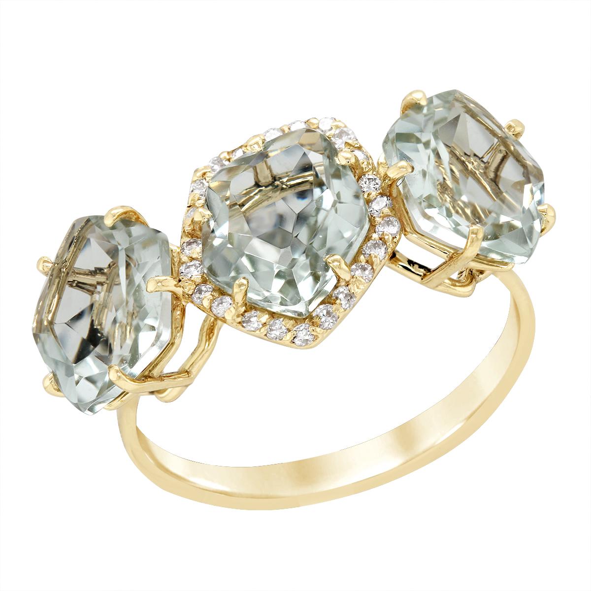 YELLOW GOLD TRIPLE PRAZIOLITE RING WITH DIAMONDS, .11 CT TW