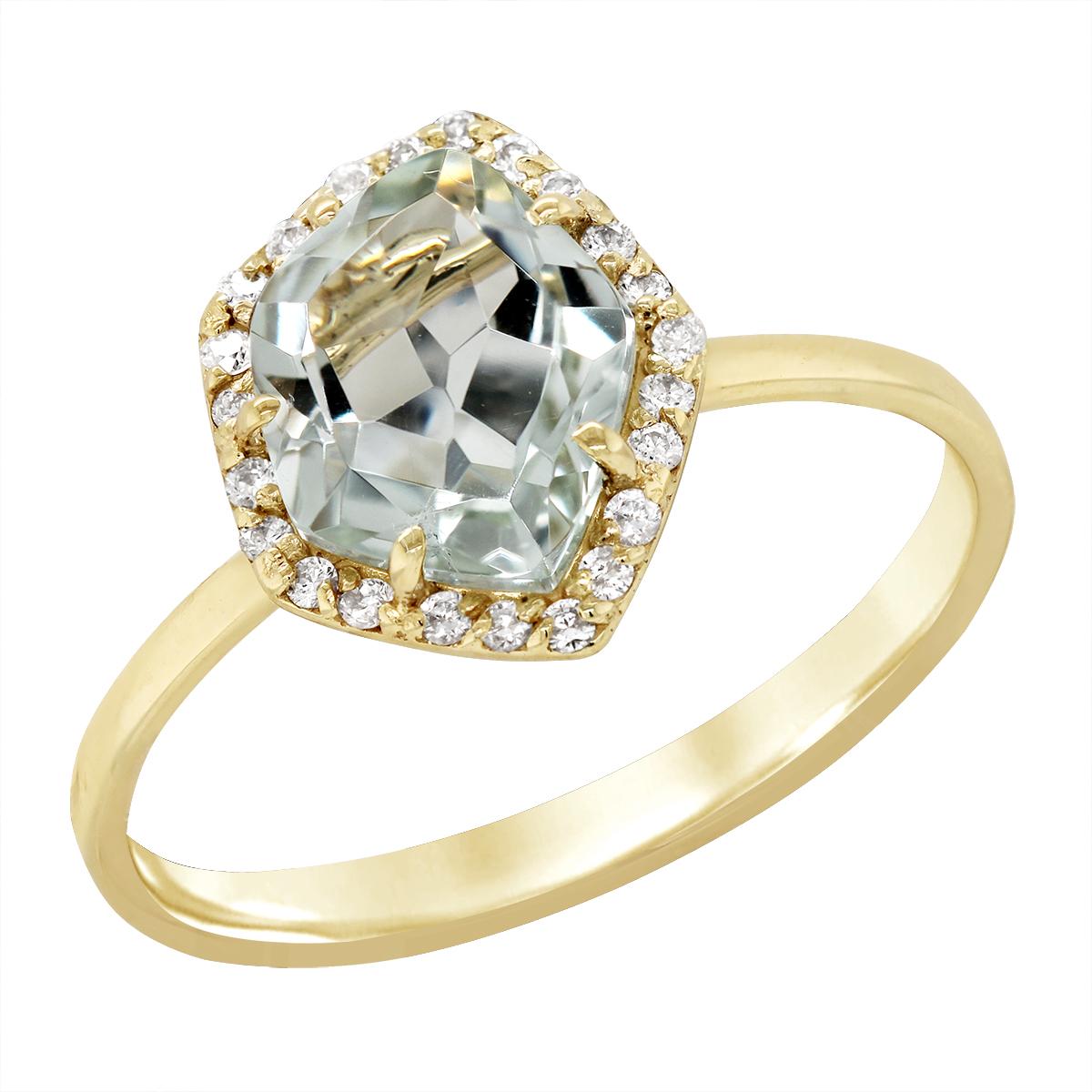 YELLOW GOLD PRAZIOLITE AND DIAMOND RING, .11 CT TW