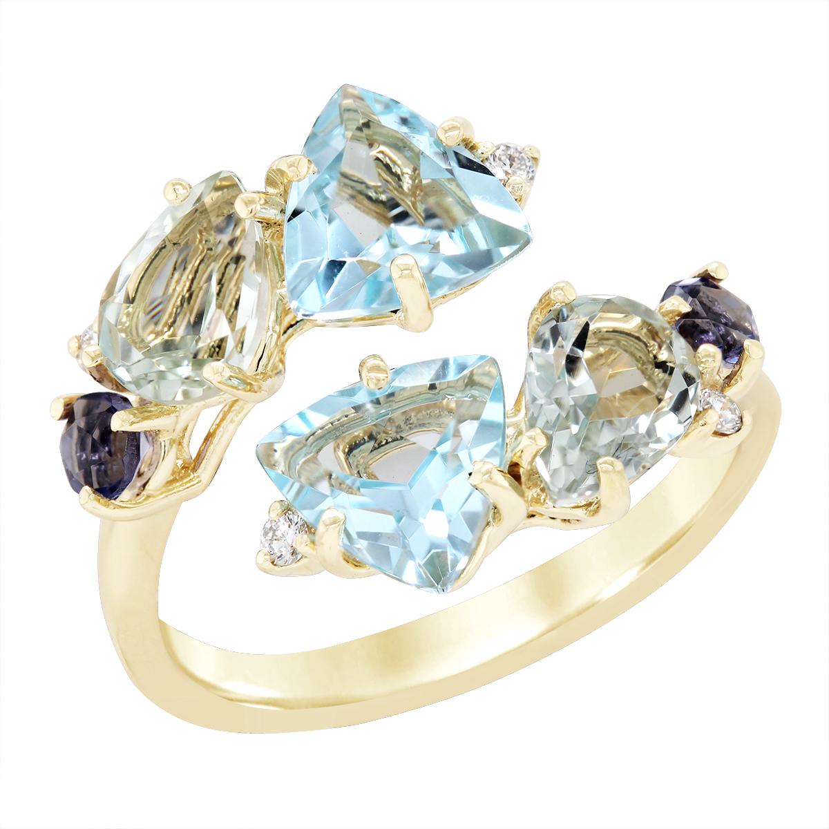 GOLD MULTICOLORED GEMSTONE BYPASS RING WITH DIAMONDS, .06 CT TW