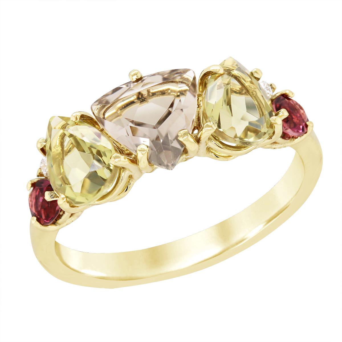 YELLOW GOLD MULTICOLORED GEMSTONE RING WITH DIAMONDS, .05 CT TW