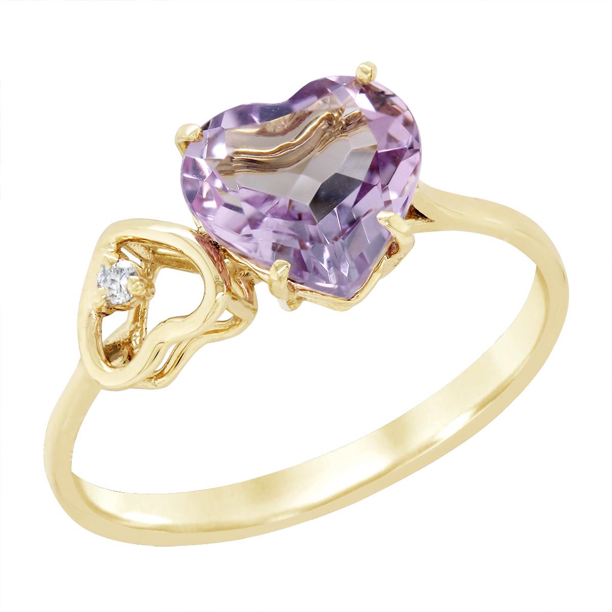 YELLOW GOLD DOUBLE HEART AMETHYST RING WITH .01 CT DIAMOND