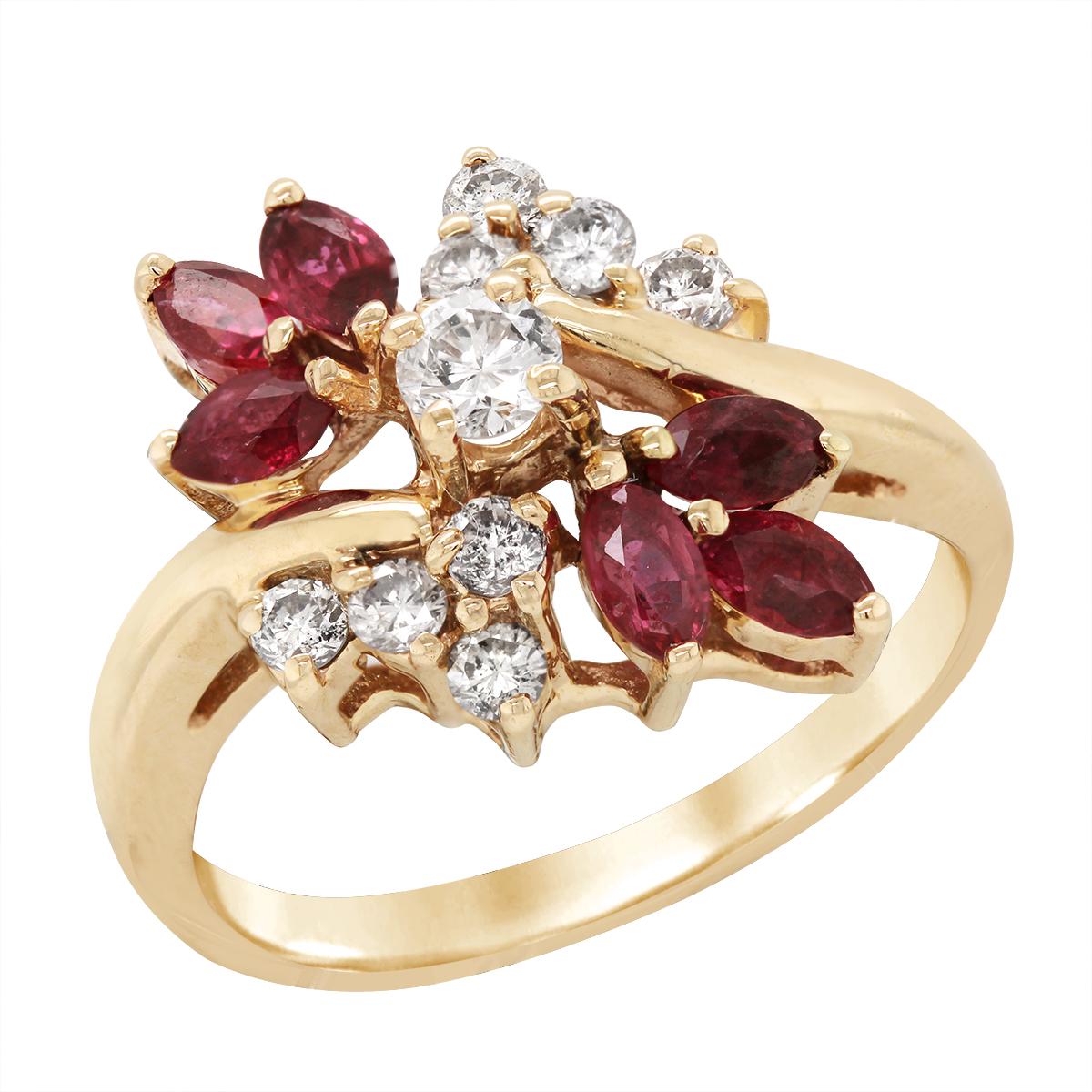 YELLOW GOLD MARQUISE RUBY AND ROUND DIAMOND RING, 1/2 CT TW