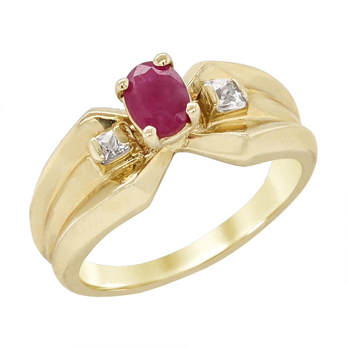 YELLOW GOLD OVAL RUBY RING WITH PRINCESS DIAMONDS, 1/4 CT TW